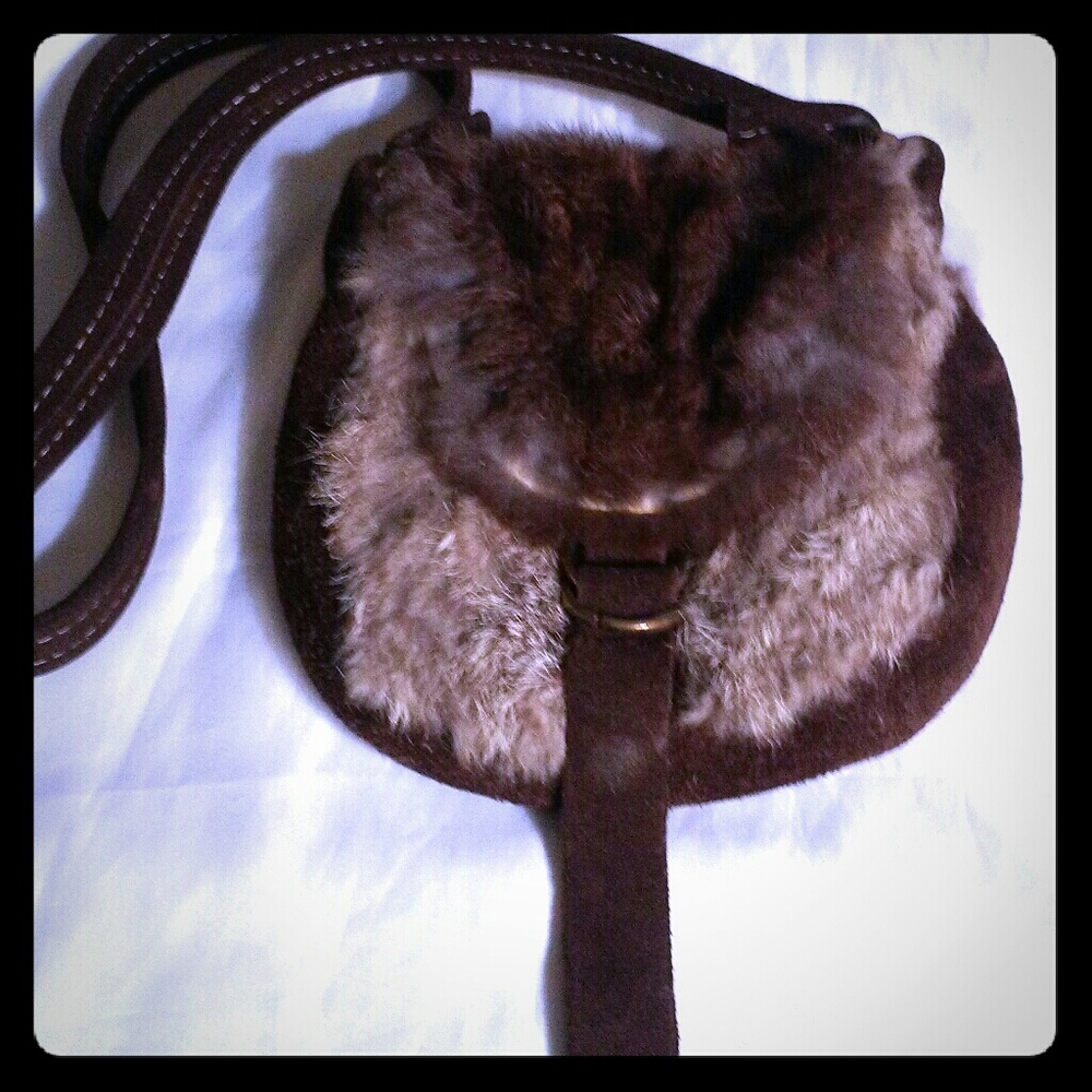 Vintage Boho Hippie Rabbit Fur Brown Suede Purse